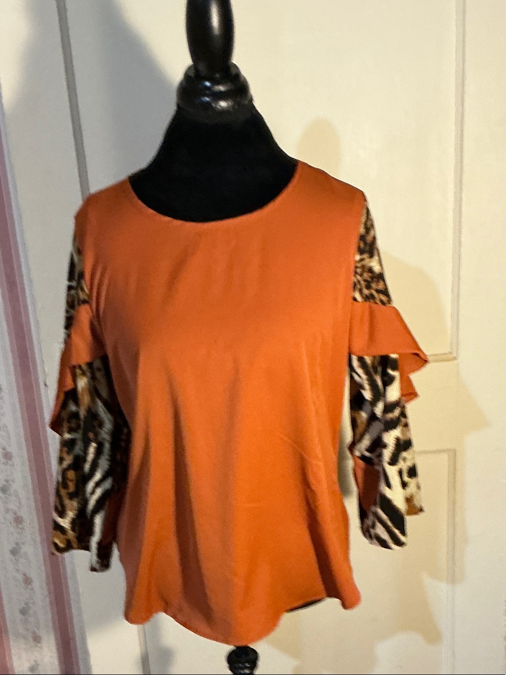 Rust Animal-Print Ruffle Sleeve Women's Top